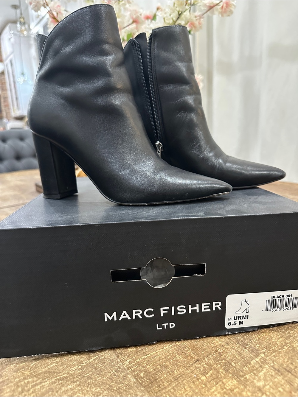 Marc Fisher Black Pointed Leather Ankle Booties with Block Heel